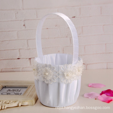 Embroidery satin decoration white bridal party wedding flower girl basket
